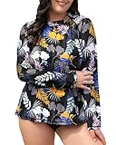 Halcurt Traje de baño de manga larga para mujer, talla grande, con protección solar UPF50+, ajuste holgado, secado rápido, Black Leafs, 2X