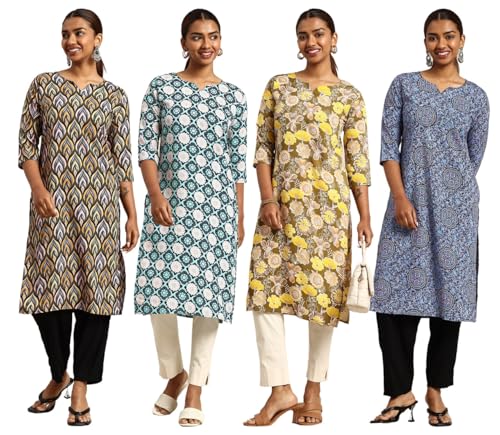 Image of JAKHANA Women's Crepe Printed Casual Straight Calf Length Round Nick Kurta Pack of 4