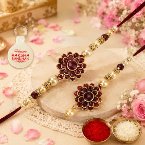 Image of Riddhika Ventures Elegant Traditional Gold Plated Bhaiya Bhabhi Rakhi Set with Roli Chawal and Greeting Card || Traditional Rakhi Set of 2 & Festive Gift