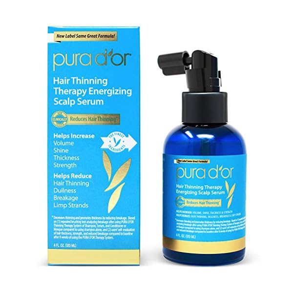 PURA D'OR 4 Oz Hair Thinning Therapy Energizing Scalp Serum Revitalizer - Argan Oil, Biotin, Caffeine, Stem Cell, Catalase & DHT Blockers, All Hair Types, Men & Women