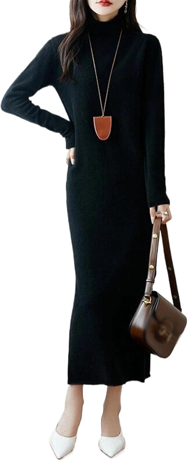 Women's Dress Knitted High Neck Cashmere Long Skirt Solid Color Slim Fit Soft Dresses