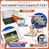PFOTENWUNDER® Hundekäfig für zuhause, Gitterbox Hund in 3 Größen, 2 Türen + 1 Cover, 1 Trainingsbuch, Tiertransportbox Hundetransportkäfig klappbar, Hunde-Transport-Box Auto Drahtkäfig (107*71*77,5cm)