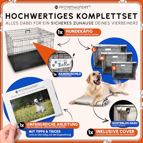 PFOTENWUNDER® Hundekäfig für zuhause, Gitterbox Hund in 3 Größen, 2 Türen + 1 Cover, 1 Trainingsbuch, Tiertransportbox Hundetransportkäfig klappbar, Hunde-Transport-Box Auto Drahtkäfig (107*71*77,5cm)