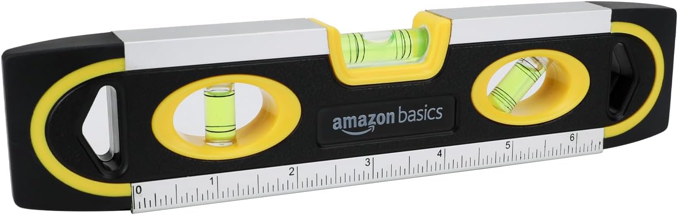 Amazon Basics 22.8 cm Magnetic Torpedo and Ruler Level Plumb/Level/180 90 45-Degree Bubbles, Black, Yellow