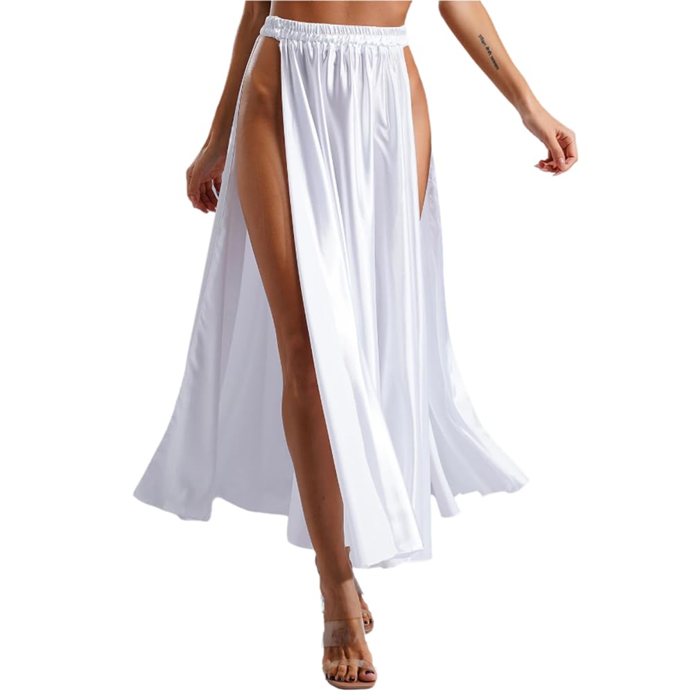 Leemiman Women Belly Dance Skirt Two Side Split Satin Tribal Skirt Long Practice Skirts White