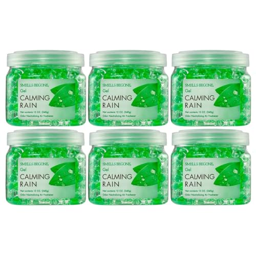 SMELLS BEGONE 12 oz Odor Eliminator Gel - Air Freshener - Absorbs & Eliminates Odor in Bathrooms, Cars, Boats, RVs & Pet Areas - Made with Essential Oils - Calming Rain Scent (6-Pack)