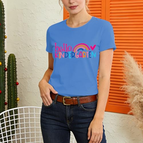 Image of Kindergarten Teacher Shirts for Women-Rainbow Heart Short Sleeves | Cute Back to School Shirt Great for Preschool Educators Classroom Daily Work First Day Celebration Events