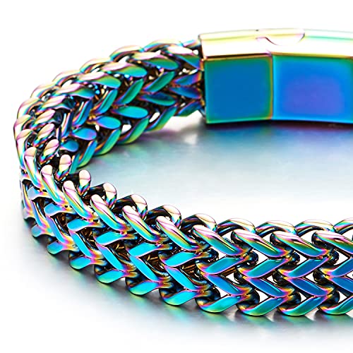 Minimalist Mens Steel Oxidized Rainbow Double Franco Link Curb Chain Bracelet Magnetic Clasp, Punk3