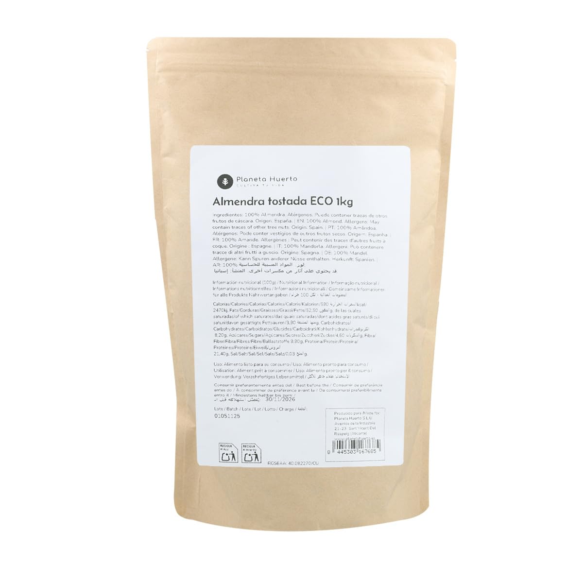 PLANETA HUERTO | Almendra Tostada con Piel Ecológica – Ideal para Recetas y Snack Saludable, Envase de 1 kg