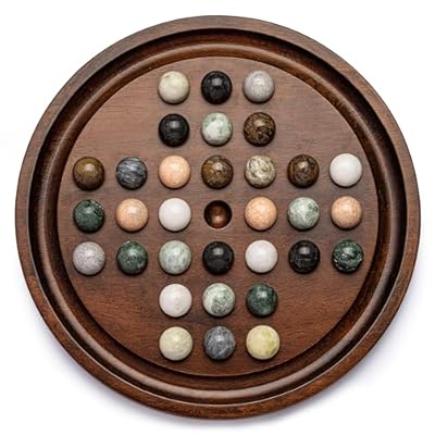 Deluxe Solitaire Game Set: 12.6 Solid Wooden Board, 32 Natural Marble Balls, Single-Player Strategy and Smart Games