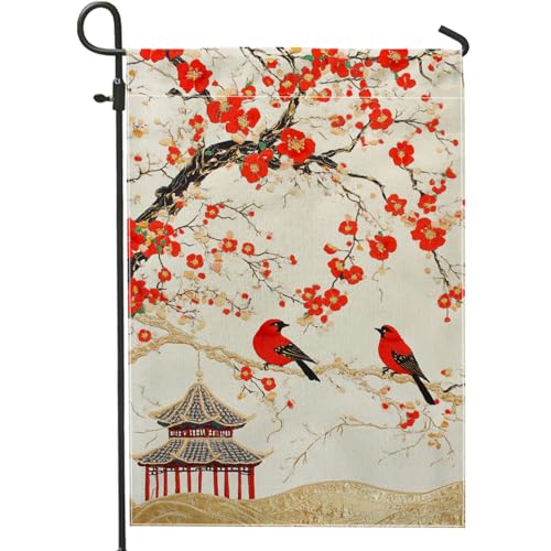 Bandera de jardín de flores de cerezo para primavera y verano, pájaros rojos en árbol, decoración al aire libre, bandera de arpillera de doble cara, decoración de fiesta, 12 x 18 pulgadas