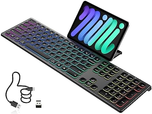ILAOLIU Rechargeable Bluetooth Keyboard, 2.4G Wireless Backlit Full Size Keyboard - Slim Silent Ergonomic with Pull Out Phone/Pad Holder for Multi-Device Windows, Mac, iOS, iPad,TV (Black)