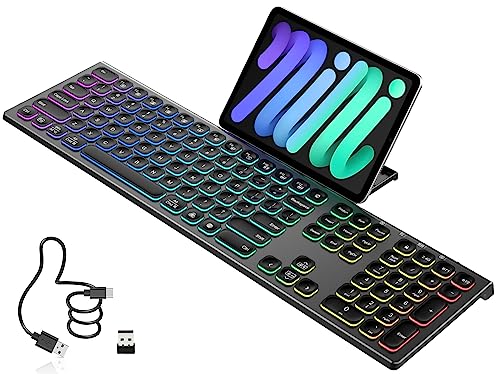 Ilaoliu Rechargeable Bluetooth Keyboard, 2.4G Wireless Backlit Full Size Keyboard - Slim Silent Ergonomic With Pull Out Phone/Pad Holder For Multi-Device Windows, Mac, Ios, Ipad,Tv (Black) #TOP1