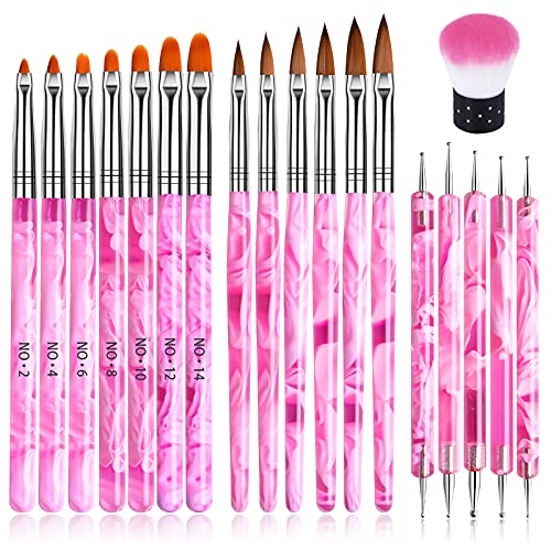19 Pcs Pink Acrylic Nail Art Brush Set, TOROKOM UV Gel Nail Brushes for Nail Art Tips Nail Polish Builder Brush Nail Painting Brush with Nail Dotting Tool Nail Art Dust Remover Brushes for Nail Salon