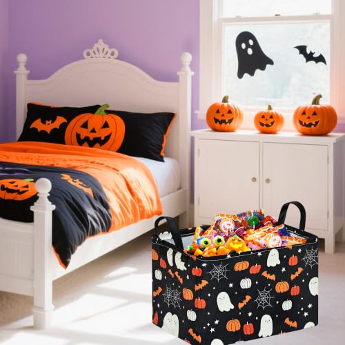 Image of Halloween Storage Basket Home Shelf Basket Rectangle Organizer Box Toys Clothes Laundry Hamper Nursery Bin Gift Laundry Basket with Handles(Black Cute Ghost Pumpkin)