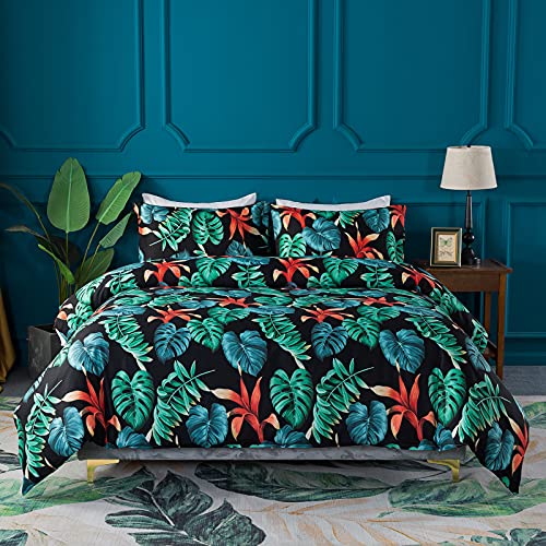 Cliab Black Tropical Duvet Cover King Size Set Bedding Rainforest Monstera Palm Leaf Lightweight Red Deep Green Bedding Zipper Corner Ties 3 Pcs #TOP1