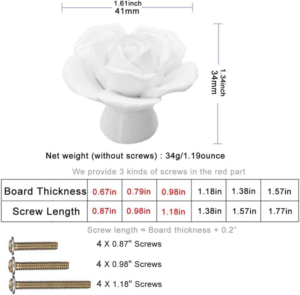 4-Pack Rose Ceramic Knobs, Rose Flower Ceramic Vintage Pulls Kitchen Cabinet Dressing Table Dresser Handles with 3 Size Screws for Girl's Room Dresser Cupboard Wardrobe (4, White)