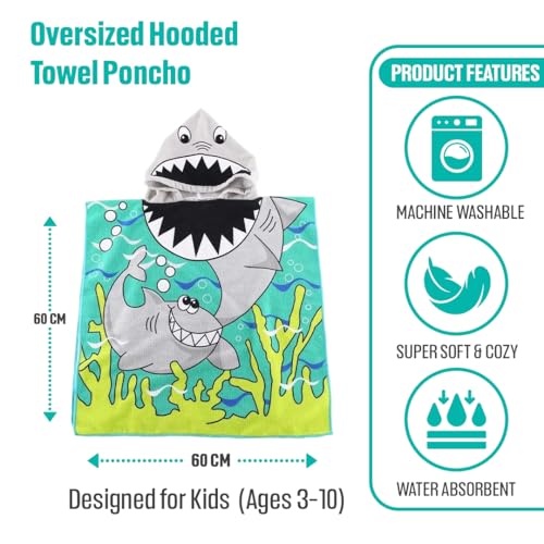 Image of TONY STARK Poncho Towel for Kids, Beach Towel with Hoodie, 60x60cm Travel Towel for 1-7 Years Girls and Boys, Soft Microfiber Sleeved Poncho (Jawsome Shark)