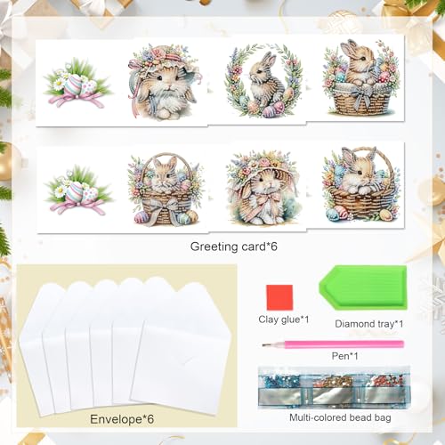 Tontut 6pcs Diamond Art Painting Kit Greeting Card, Basket Bunny 5D DIY Diamond Handmade Holiday Glitter Greeting Card with Envelope, Easter Day Holiday Gift Congratulation by Tontut - Image 3