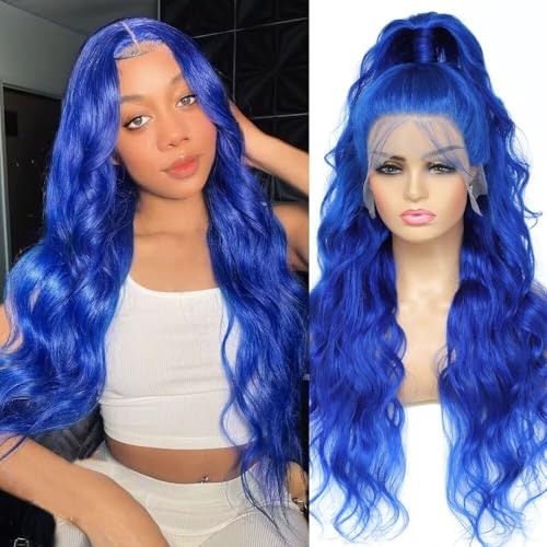 Blue 28 Inch Lace Front Wig Human Hair 13x4 Body
