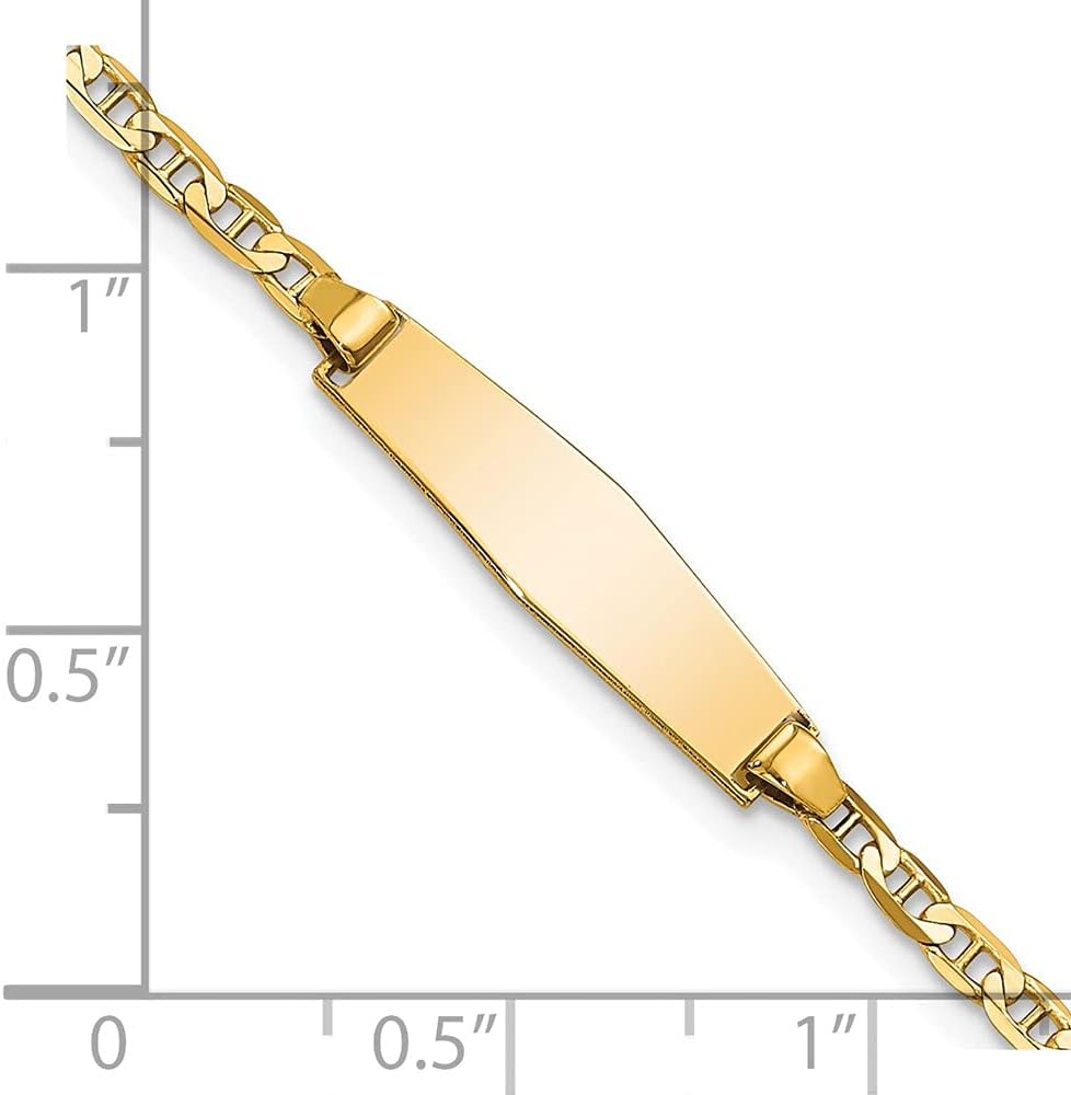 Engravable Personalized Custom 14K Yellow Gold Soft Diamond Shape Flat Anchor Link ID Bracelet For Men or Women Length 6 inches Width 5.2 mm