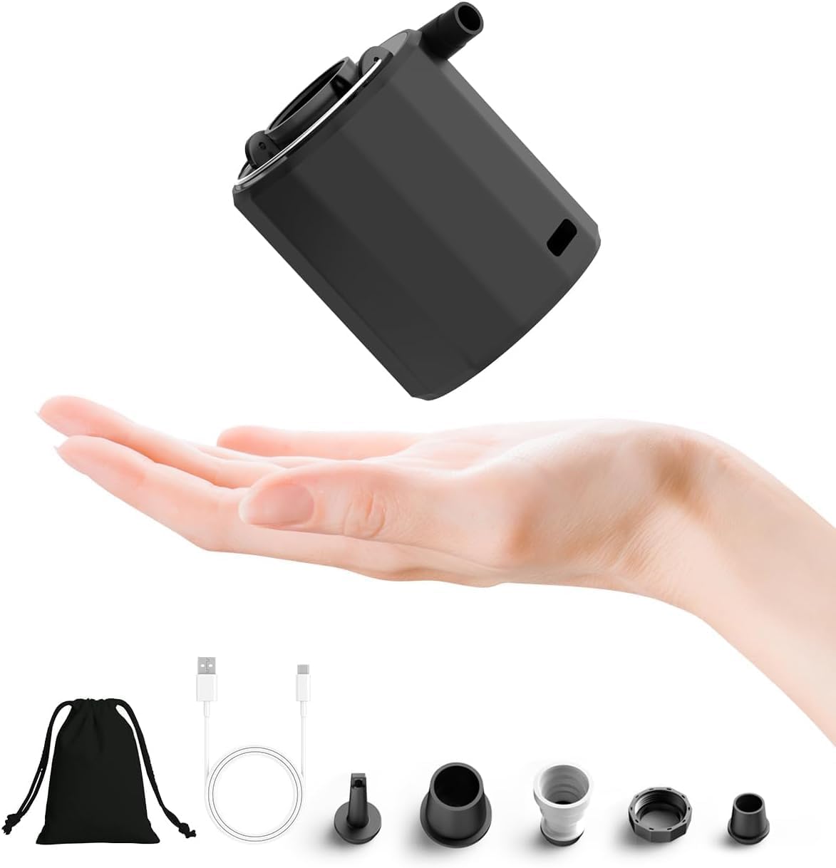 Elektrische Luftpumpe, Tragbare Mini Pumpe zum Inflate und Deflate, Wiederaufladbare Akku Luftpumpe mit 5 Luftdüsen & Campinglampe, 5000 Pa Pumpe für Camping Isomatte, Luftmatratze, Vakuumbeutel