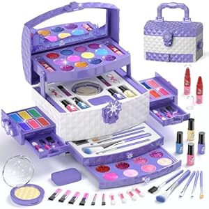 PERRYHOME Kids Makeup Set for Girl 56 Pcs Washable Real Cosmetic, Non-Toxic Frozen Toys Toddler Makeup Kit, Frozen Princess Dress up Game Christmas & Birthday Girl Gift for 3-12(Frozen Purple)