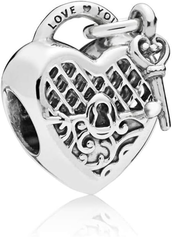 Love Heart Charm for Bracelets fits Pandora Charms Love You Key Padlock Sterling Silver Charm Girlfriend Women, Silver