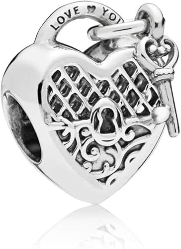 Abalorio de corazón de amor para pulseras se adapta a dijes Pandora Love You, candado de plata de ley, dije de novia y mujer, plata, Metal, No es