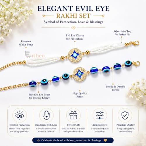 Image of EITHEO Designer Evil Eye Bhaiya Bhabhi Rakhi Set with Blue Evil Eye Charm, Lumba Rakhi, Adjustable Handmade Bracelet with Roli Chawal, Chandan & Mishri (Couple Set of 1)
