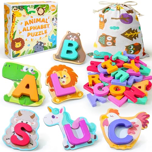BEESTECH Animal Alphabet Flash Cards, Wooden Letter Puzzle, Educational ABC Learning Toys for 3 4 5 Year Old Boys Girls Toddlers, Preschoolers Matching Game