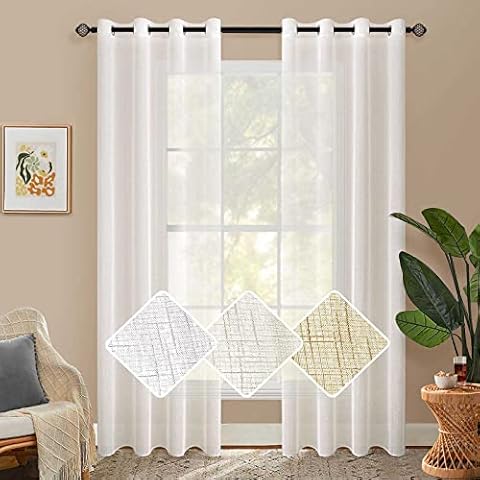Woaboy Set of 2 Voile Curtains, Linen Sheer Curtains, Transparent Curtains with Eyelets for Windows, Living Room, Bedroom, White, 140 x 245 cm (W x H) Cover