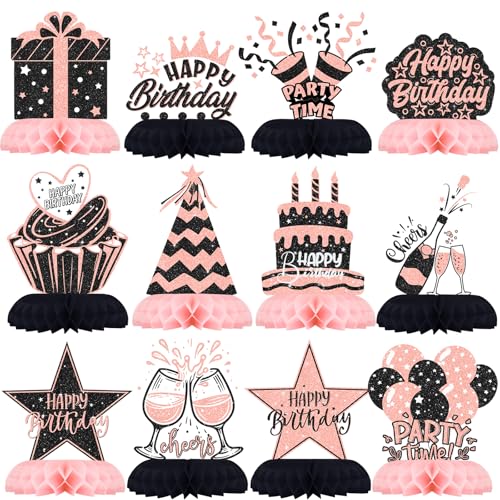 Black and Pink Birthday Decorations &ndash; 12Pcs Honeycomb Table Centerpieces for Women or Girls...