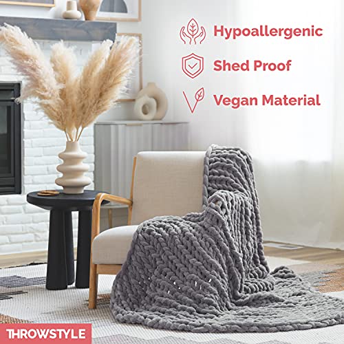 Throwstyle Chunky Knit Blanket, Breathable Throw Blankets, Versatile Chenille Throw Blanket, Blankets For Couch, Bed And More, Handwoven Full Size Blanket, 50 X 60 Inches, Light Grey - Luxesafe #TOP4