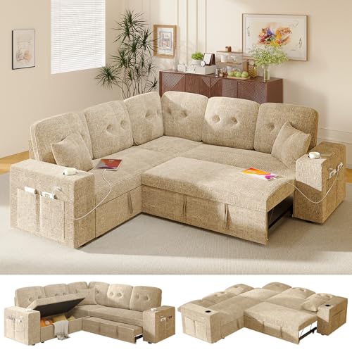 Image of Modular Sectional Sleeper Sofa with Pull Out Bed, 84 Inch L Shaped 5 Seat Couches for Living Room, Chenille Fabric Cloud Couch Bed with Storage & Reclining Backrest, USB Charging, Khaki