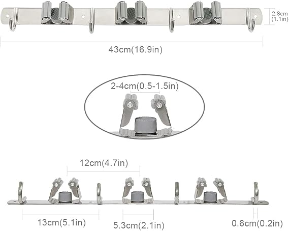 Broom Mop Holder, Mop Broom Brush Organizer Wall Mounted Heavy Duty Stainless Steel Tool Hanger with 3 Racks 4 Hooks Ideal for Home, Kitchen, Garden, Garage, Laundry