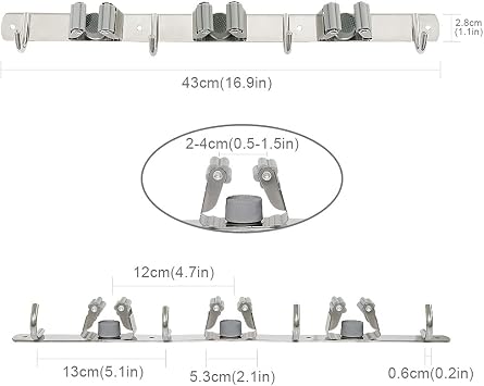 Broom Mop Holder, Mop Broom Brush Organizer Wall Mounted Heavy Duty Stainless Steel Tool Hanger with 3 Racks 4 Hooks Ideal for Home, Kitchen, Garden, Garage, Laundry