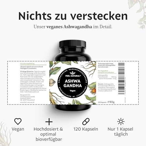 Ashwagandha Kapseln hochdosiert 120 Stück – 600mg Ashwagandhawurzel pro Tagesdosis – vegan & ohne unnötige Zusätze – in Deutschland entwickelt & laborgeprüft