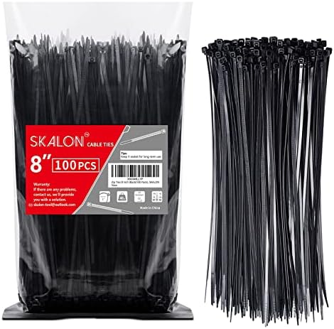 Zip Ties 8 inch (100 Pack), 40lbs Tensile Strength, Black Cable Ties, Wire Ties for indoor and outdoor use, by Skalon