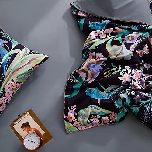 Floral Leaves Pattern Duvet Cover Full Black Duvet Cover Set Grey Bedding Set Pattern Duvet Cover with Zipper Closure Ties Luxury Quality Comfortable Easy Care(3pcs, Queen Size)