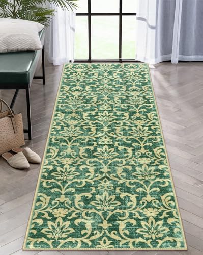 Morebes Vintage 2x5 Washable Runner Rugs with Rubber Backing, Floral Bath Rugs for Bathroom Non Slip,Distressed Laundry Indoor Floor Carpet Runner for Entryway Laundry Foyer,Green