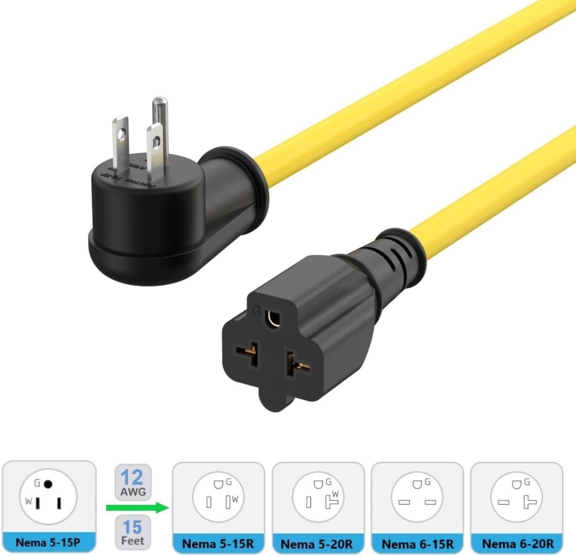 15-Ft 12AWG 90-Degree 15Amp to 20Amp Extension-Cable,Right-Angle 15 Amp Household Plug to 20-Amp Extension Cord,Nema 5-15P to 5-20R,5-15P to 6-15R/20R,15A 125V to 20A Angled AC Power Cord