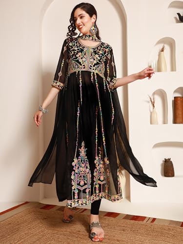 Image of EthnicJunction Women's Georgette Embroidered and Sequence Work Naira Cut Kurta and Dupatta Set