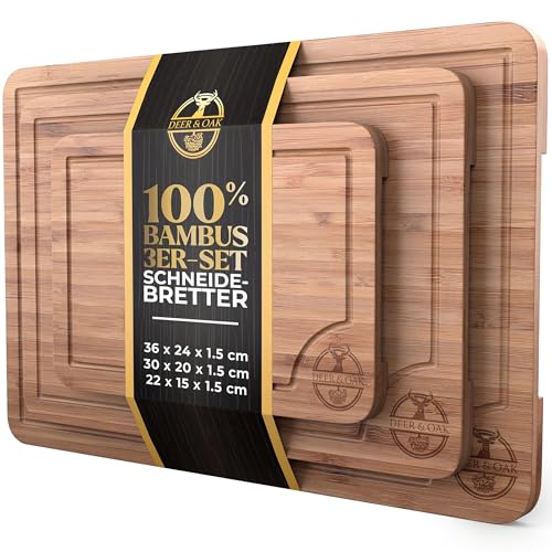 Deer & Oak Schneidebrett Holz Set 3-teiliges Vorgeölt Bambus Schneidebrett mit Griff & Saftrille, Küchenbrett, Schneidebretter Holz, Schneidbrett, Holzbrett Küche