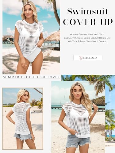 Image of Womens Summer Crochet Tops Hollow Out Cap Sleeve Cover Up Tank Top Pullover Sweater Vest Beach Vacation Clothes