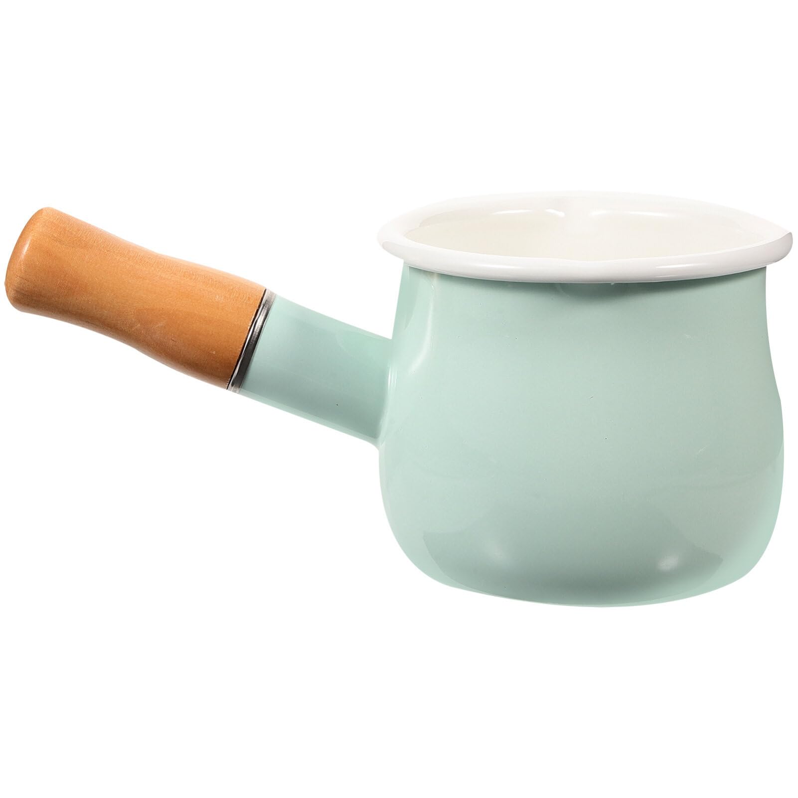 GANAZONO Enamel Milk Pan Mini Butter Warmer 7 Inch Non-stick Milk Heating Pot Small Enamelware Saucepan with Wood Handle for Heating Liquid Portions 10CM Light Green