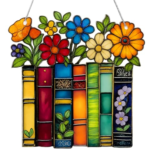 Book Lovers Gifts for Women, Valentines Day Gifts for Teacher, Librarian, Reader, Bookworm, Book Ornament Faux Stained Glass Window Hanging, Bookish Gifts Stocking Stuffer Decor (Floral Shelf)
