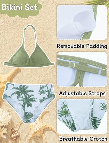 Image of Happy Cherry Girl's 4PCS Swimsuits Tropical Print Halter Bikini Set Bathing Suits with Kimono and Cover Up Pant Boho Swimwear