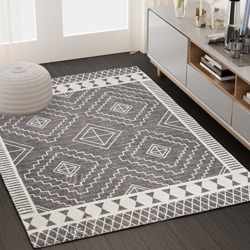 Belffin Black and White Rug for Living Room or Bedroom, 5x8 Area Rugs with Washable Boho Design.