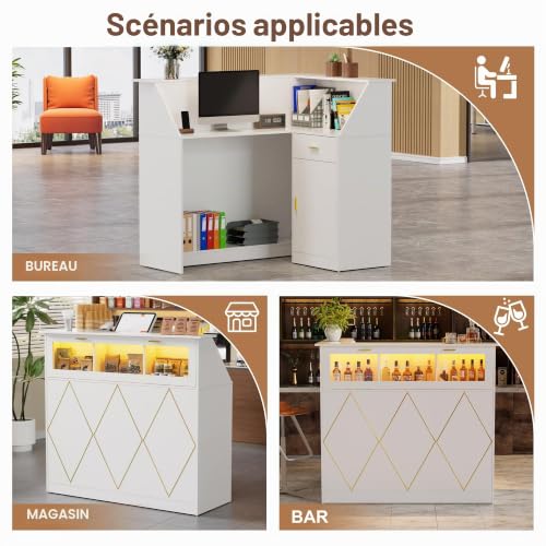 MSFE Comptoir de Réception avec LED, Moderner Comptoir Caisse Comptoirs Accueil avec Tiroir et Armoire et étagère D'exposition Comptoirs Caisse Salon de Coiffure,Bureau,Boutique, 126x93x111cm (Blanc) – vue 5